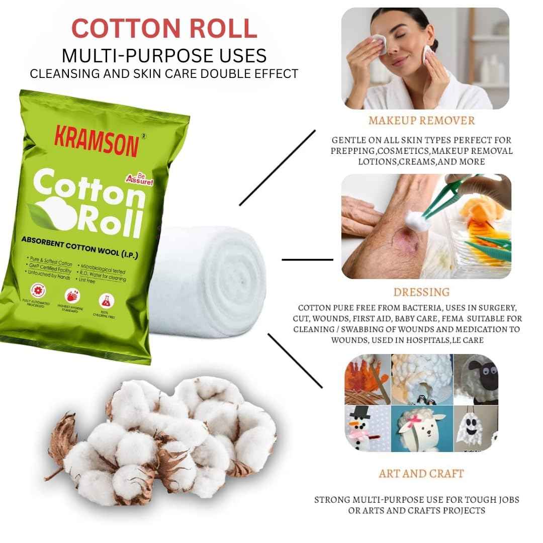 Kramson Pure Cotton Roll for Medical Wound | Care and Personal Use | Chlorine Free and Lint Free | Highly Absorbent RO Water Processed | Multipurpose Cotton for Clinic Salon and Home (300 gm)