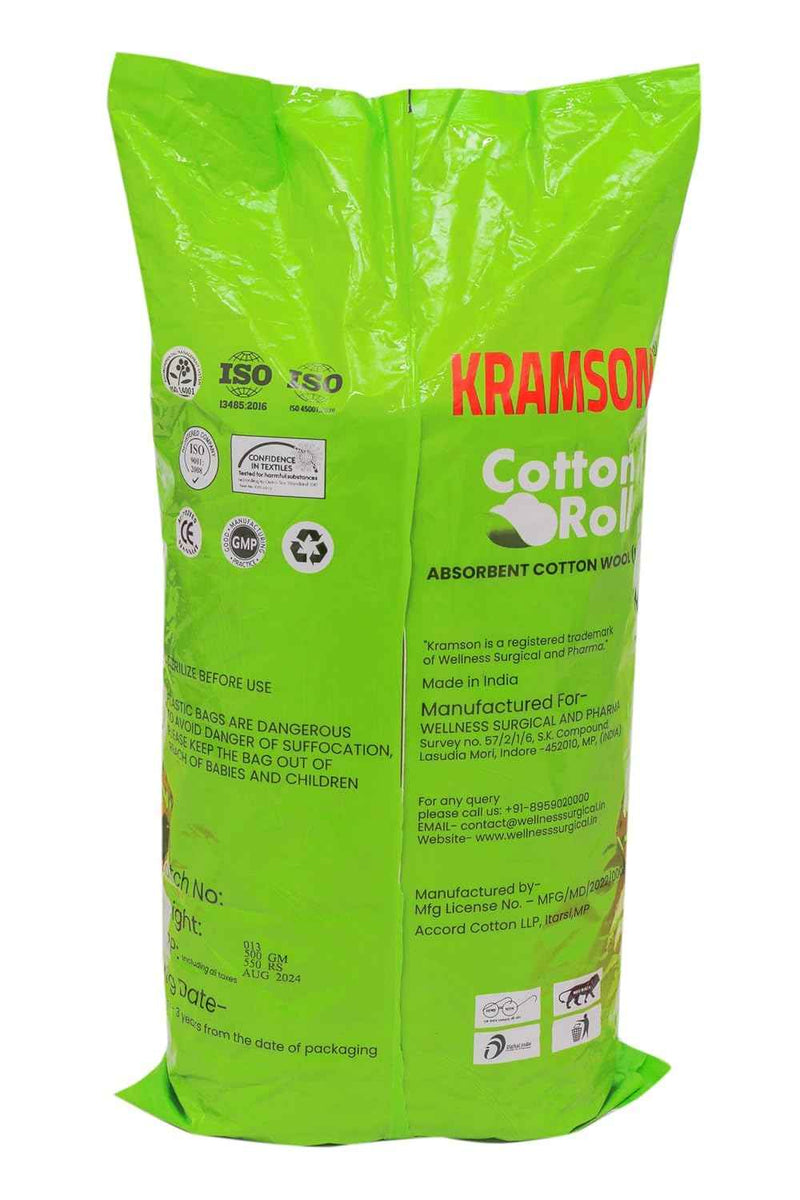 Kramson Pure Cotton Roll for Medical Wound | Care and Personal Use | Chlorine Free and Lint Free | Highly Absorbent RO Water Processed | Multipurpose Cotton for Clinic Salon and Home (300 gm)