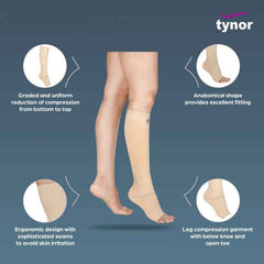 TYNOR I-16 COMPRESSION GARMENT LEG BELOW KNEE OPEN TOE, BEIGE, 1 PAIR